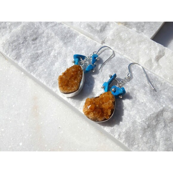 Bright Orange Citrine - Blue Arizona Turquoise Sterling Silver Earrings - Picture 7 of 9